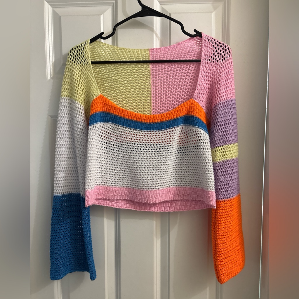 Colorblock Crochet Crop Top In Pink, Orange, Blue & White